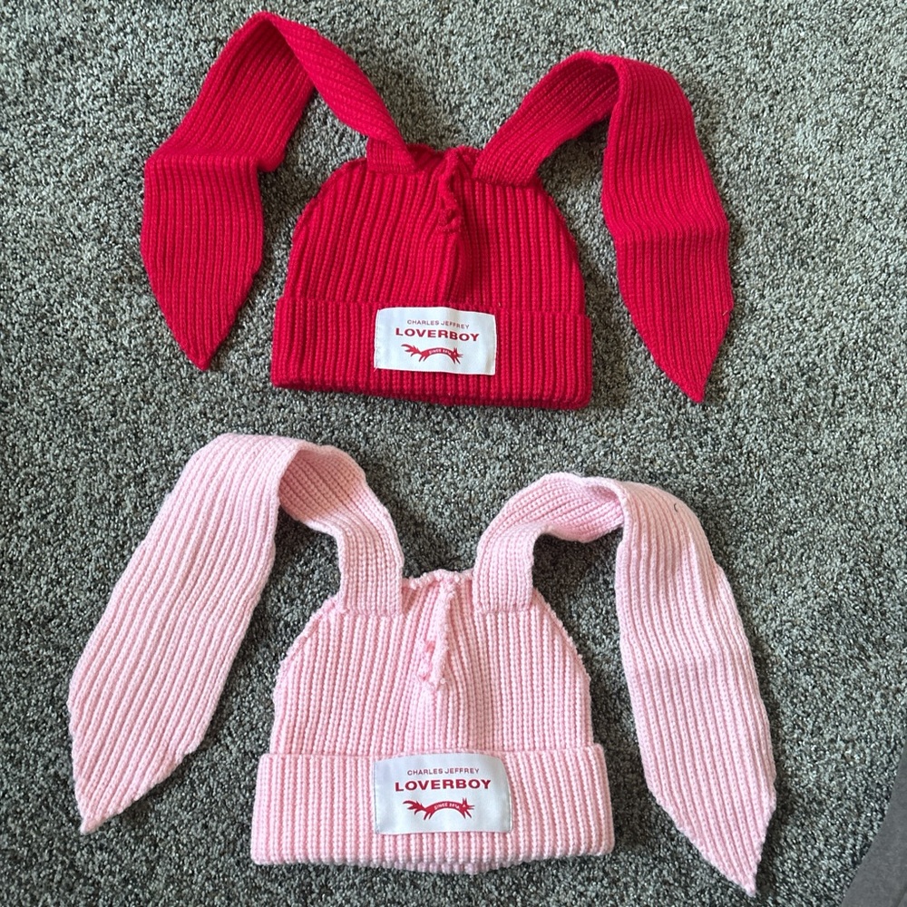 Girly valentiens Day vibes pink and red Charles Jeffrey loverboy bunny beanies